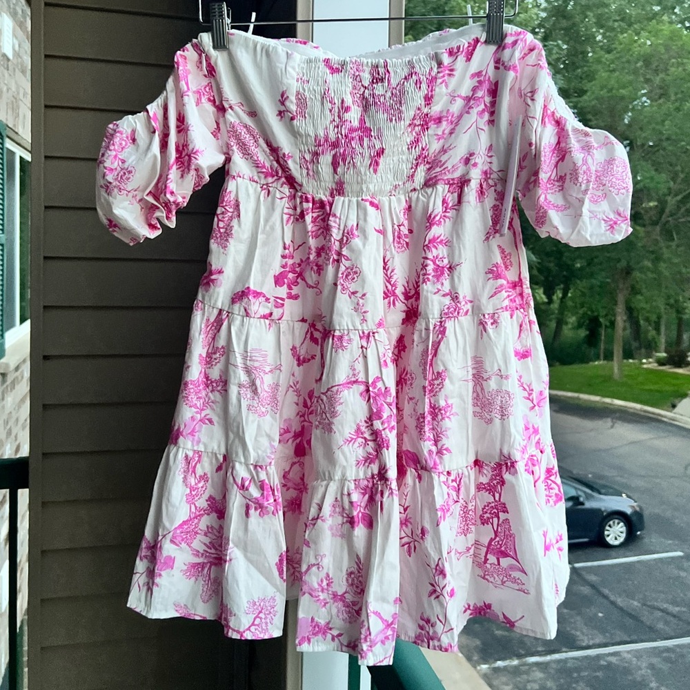 🆕 🌸 AQUA Pink Toile Off-Shoulder Cotton Mini Dress Bloomingdale’s Exclusive S - Picture 4 of 13